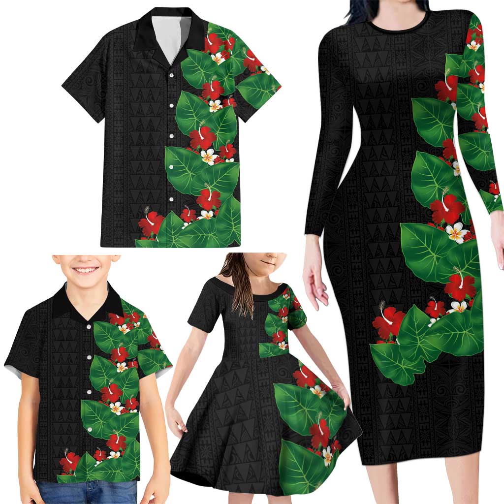 Hawaiian Taro Leaves-Hibiscus and Plumeria Family Matching Long Sleeve Bodycon Dress and Hawaiian Shirt Polynesian Art-Kakau Tattoo Black LT03 - Polynesian Pride