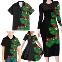 Hawaiian Taro Leaves-Hibiscus and Plumeria Family Matching Long Sleeve Bodycon Dress and Hawaiian Shirt Polynesian Art-Kakau Tattoo Black LT03 - Polynesian Pride