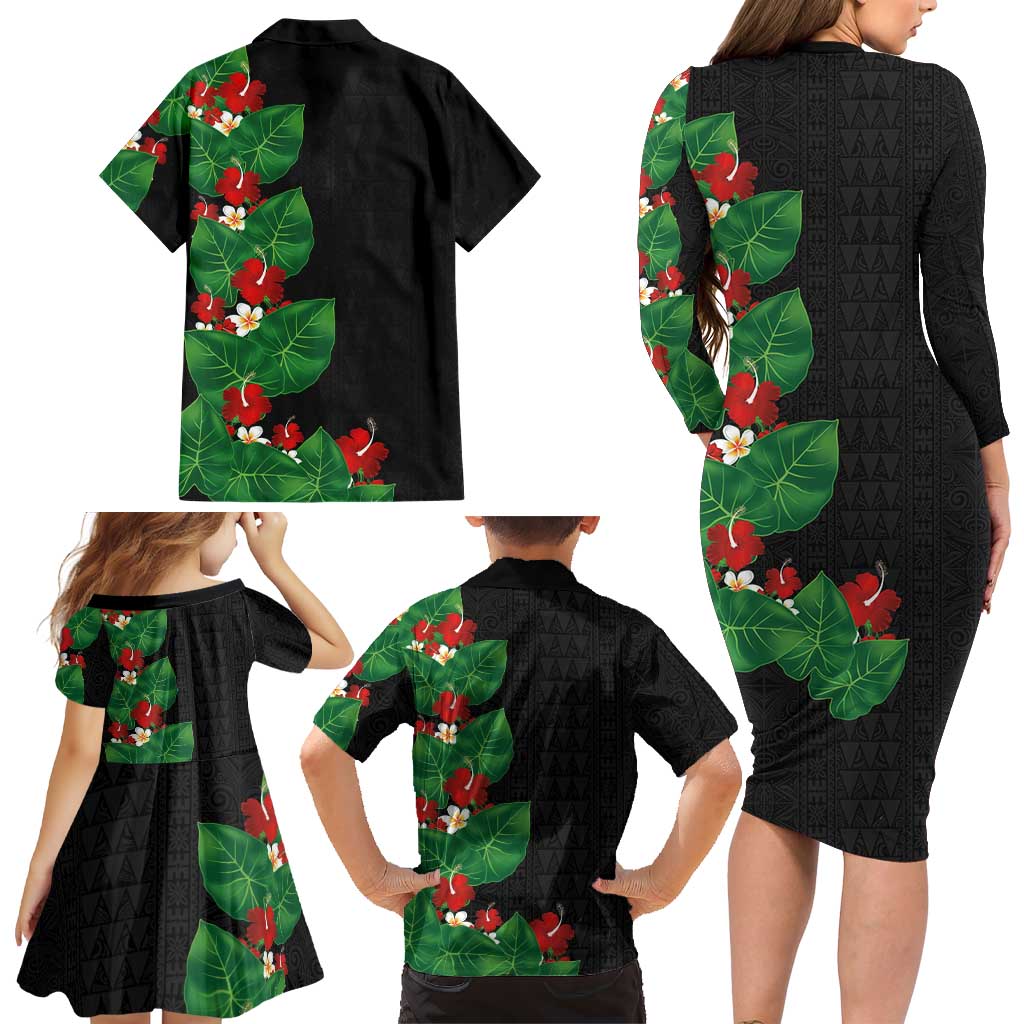 Hawaiian Taro Leaves-Hibiscus and Plumeria Family Matching Long Sleeve Bodycon Dress and Hawaiian Shirt Polynesian Art-Kakau Tattoo Black LT03 - Polynesian Pride