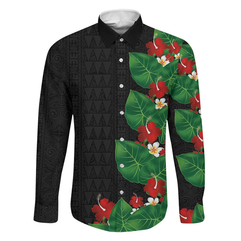 Hawaiian Taro Leaves-Hibiscus and Plumeria Family Matching Long Sleeve Bodycon Dress and Hawaiian Shirt Polynesian Art-Kakau Tattoo Black LT03 Dad's Shirt - Long Sleeve Black - Polynesian Pride