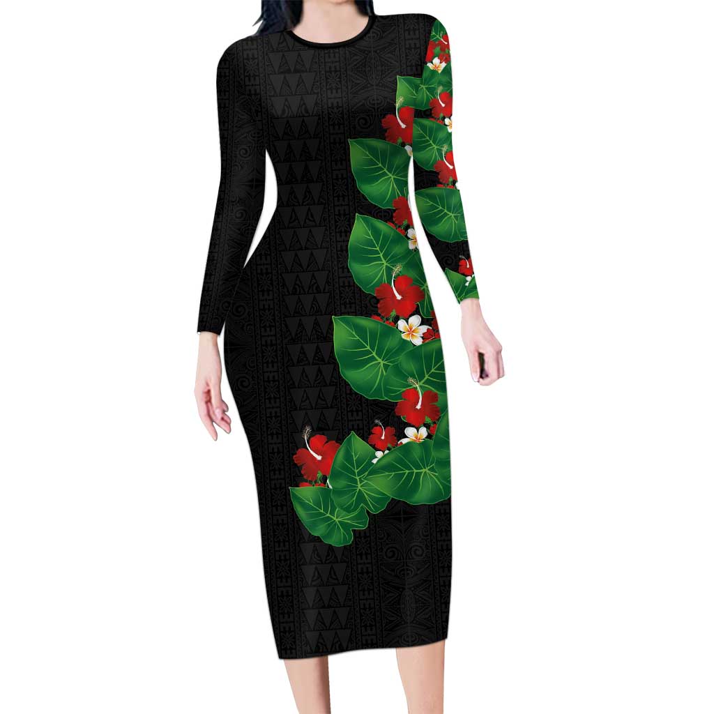 Hawaiian Taro Leaves-Hibiscus and Plumeria Family Matching Long Sleeve Bodycon Dress and Hawaiian Shirt Polynesian Art-Kakau Tattoo Black LT03 Mom's Dress Black - Polynesian Pride