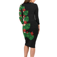 Hawaiian Taro Leaves-Hibiscus and Plumeria Family Matching Long Sleeve Bodycon Dress and Hawaiian Shirt Polynesian Art-Kakau Tattoo Black LT03 - Polynesian Pride