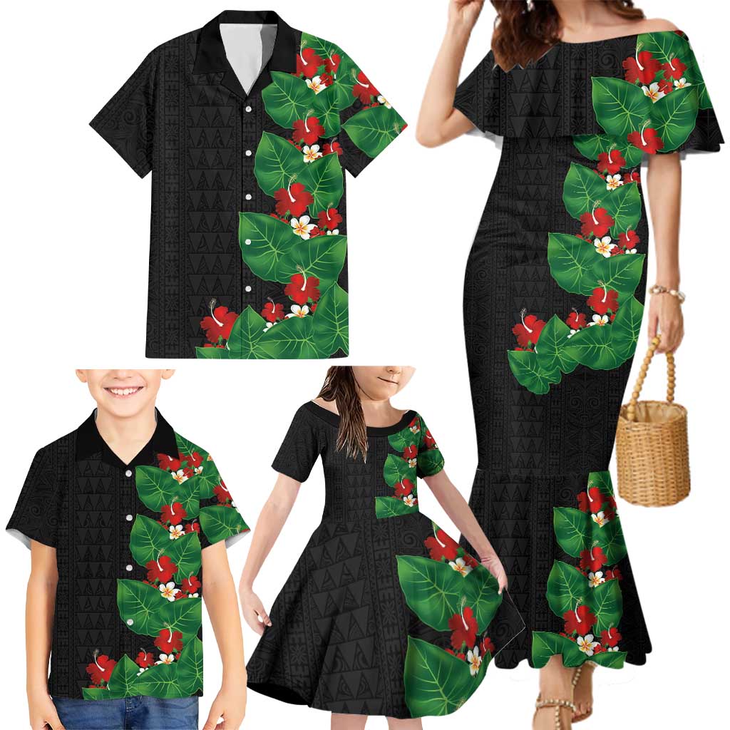 Hawaiian Taro Leaves-Hibiscus and Plumeria Family Matching Mermaid Dress and Hawaiian Shirt Polynesian Art-Kakau Tattoo Black