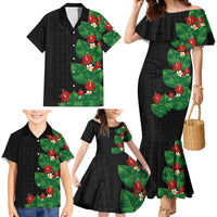 Hawaiian Taro Leaves-Hibiscus and Plumeria Family Matching Mermaid Dress and Hawaiian Shirt Polynesian Art-Kakau Tattoo Black
