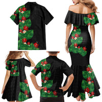 Hawaiian Taro Leaves-Hibiscus and Plumeria Family Matching Mermaid Dress and Hawaiian Shirt Polynesian Art-Kakau Tattoo Black