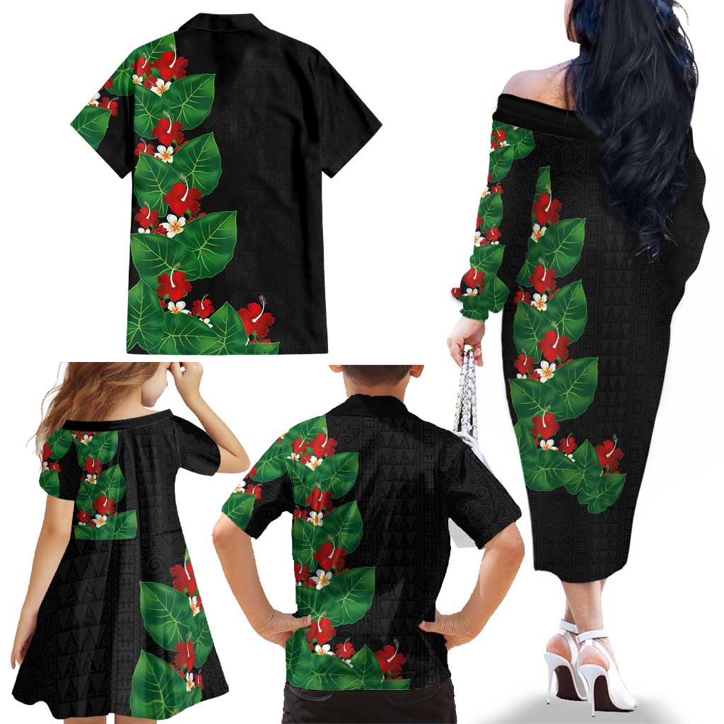 Hawaiian Taro Leaves-Hibiscus and Plumeria Family Matching Off The Shoulder Long Sleeve Dress and Hawaiian Shirt Polynesian Art-Kakau Tattoo Black
