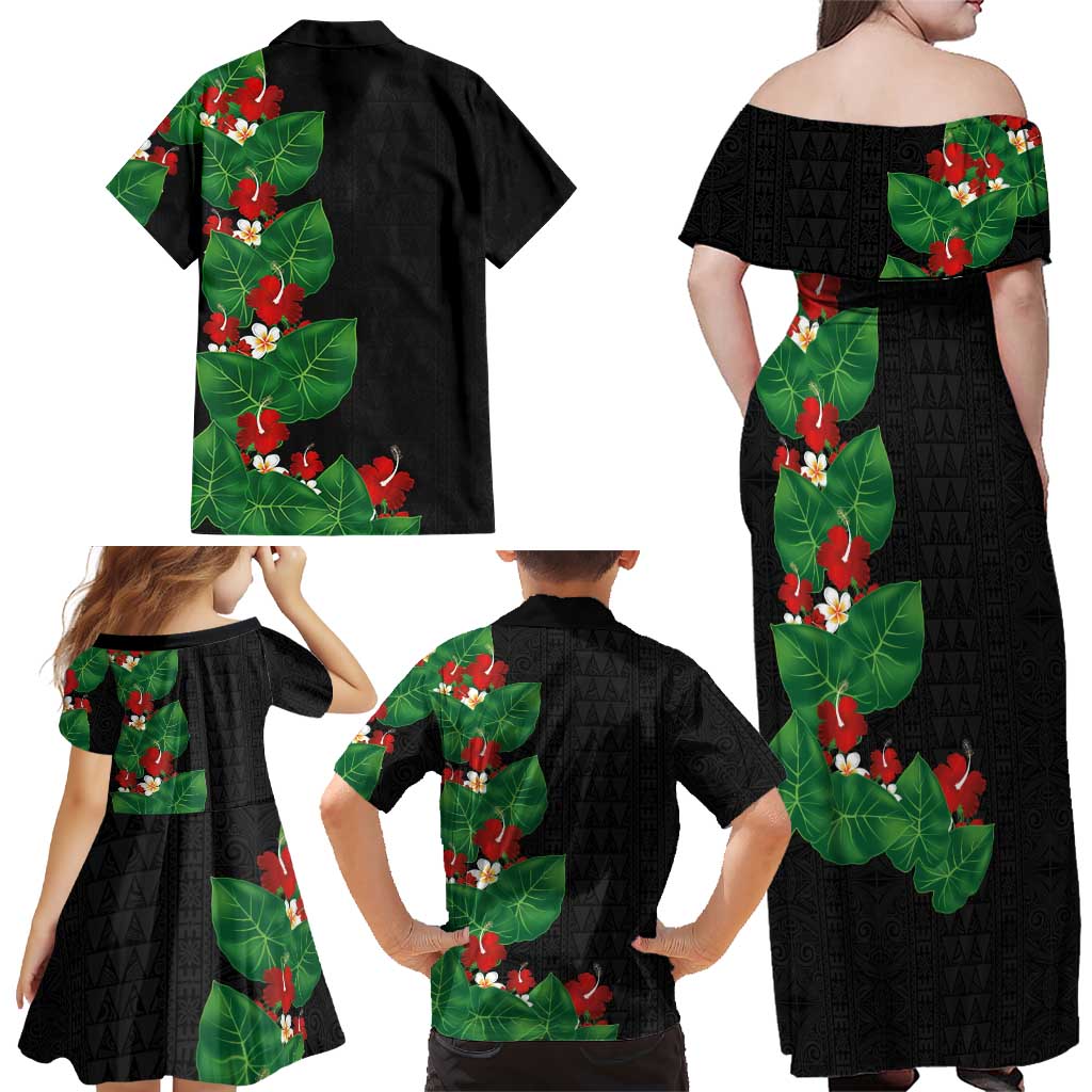 Hawaiian Taro Leaves-Hibiscus and Plumeria Family Matching Off Shoulder Maxi Dress and Hawaiian Shirt Polynesian Art-Kakau Tattoo Black