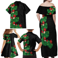 Hawaiian Taro Leaves-Hibiscus and Plumeria Family Matching Off Shoulder Maxi Dress and Hawaiian Shirt Polynesian Art-Kakau Tattoo Black