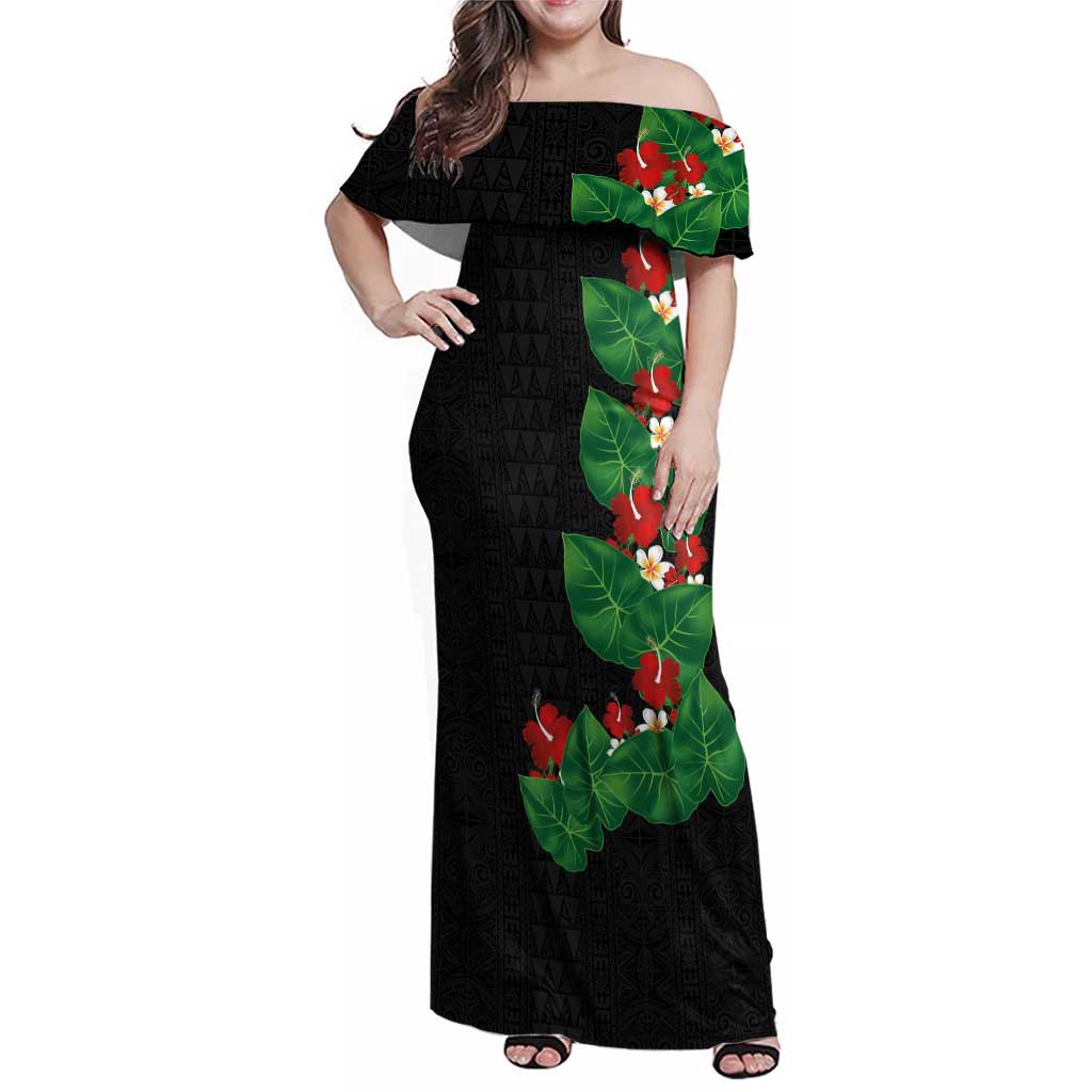 Hawaiian Taro Leaves-Hibiscus and Plumeria Family Matching Off Shoulder Maxi Dress and Hawaiian Shirt Polynesian Art-Kakau Tattoo Black