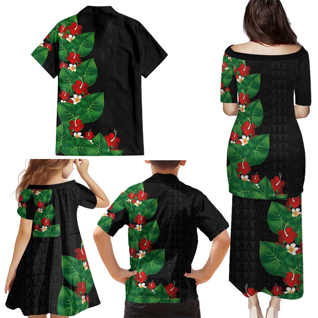 Hawaiian Taro Leaves-Hibiscus and Plumeria Family Matching Puletasi and Hawaiian Shirt Polynesian Art-Kakau Tattoo Black