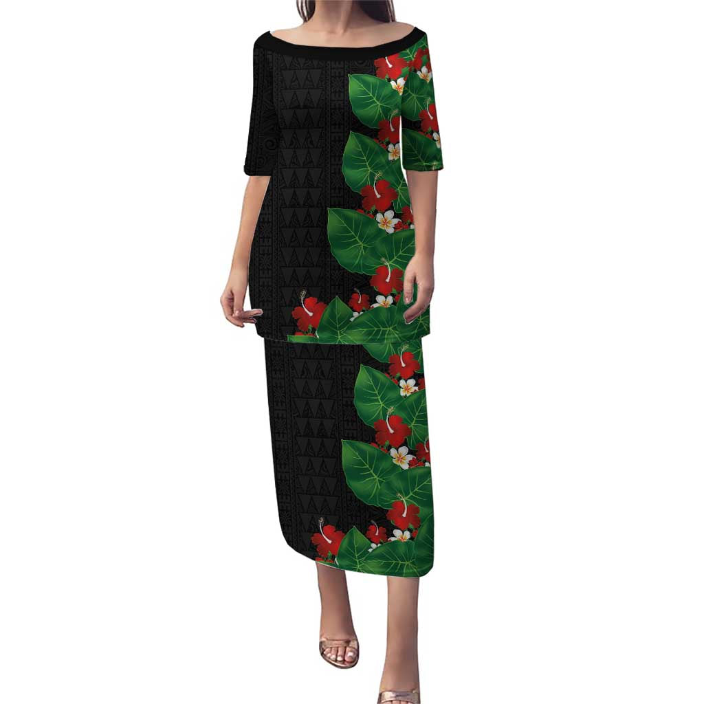 Hawaiian Taro Leaves-Hibiscus and Plumeria Family Matching Puletasi and Hawaiian Shirt Polynesian Art-Kakau Tattoo Black