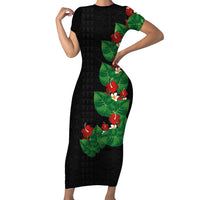 Hawaiian Taro Leaves-Hibiscus and Plumeria Family Matching Short Sleeve Bodycon Dress and Hawaiian Shirt Polynesian Art-Kakau Tattoo Black
