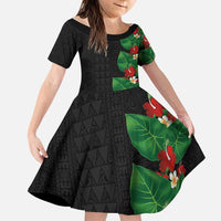 Hawaiian Taro Leaves-Hibiscus and Plumeria Family Matching Summer Maxi Dress and Hawaiian Shirt Polynesian Art-Kakau Tattoo Black LT03 Daughter's Dress Black - Polynesian Pride