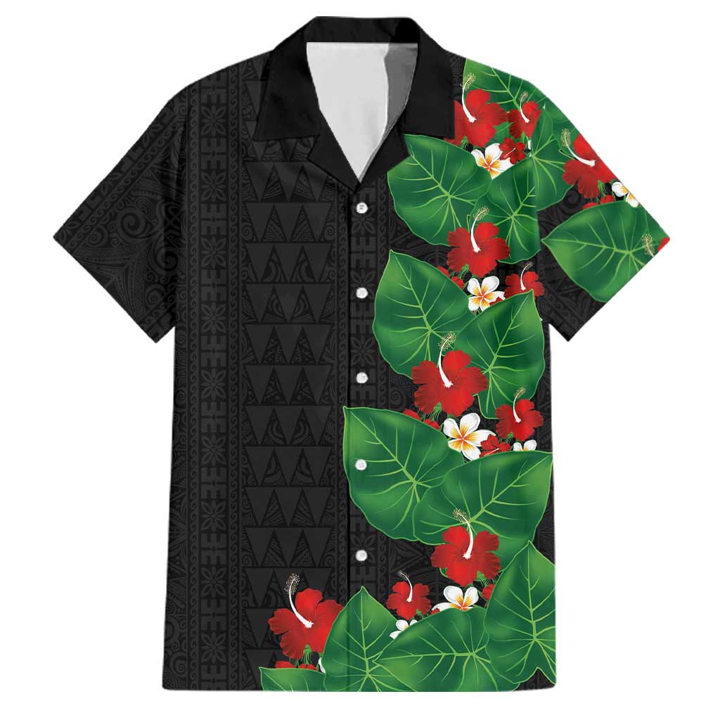 Hawaiian Taro Leaves-Hibiscus and Plumeria Family Matching Summer Maxi Dress and Hawaiian Shirt Polynesian Art-Kakau Tattoo Black LT03 Dad's Shirt - Short Sleeve Black - Polynesian Pride