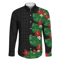Hawaiian Taro Leaves-Hibiscus and Plumeria Family Matching Summer Maxi Dress and Hawaiian Shirt Polynesian Art-Kakau Tattoo Black LT03 Dad's Shirt - Long Sleeve Black - Polynesian Pride