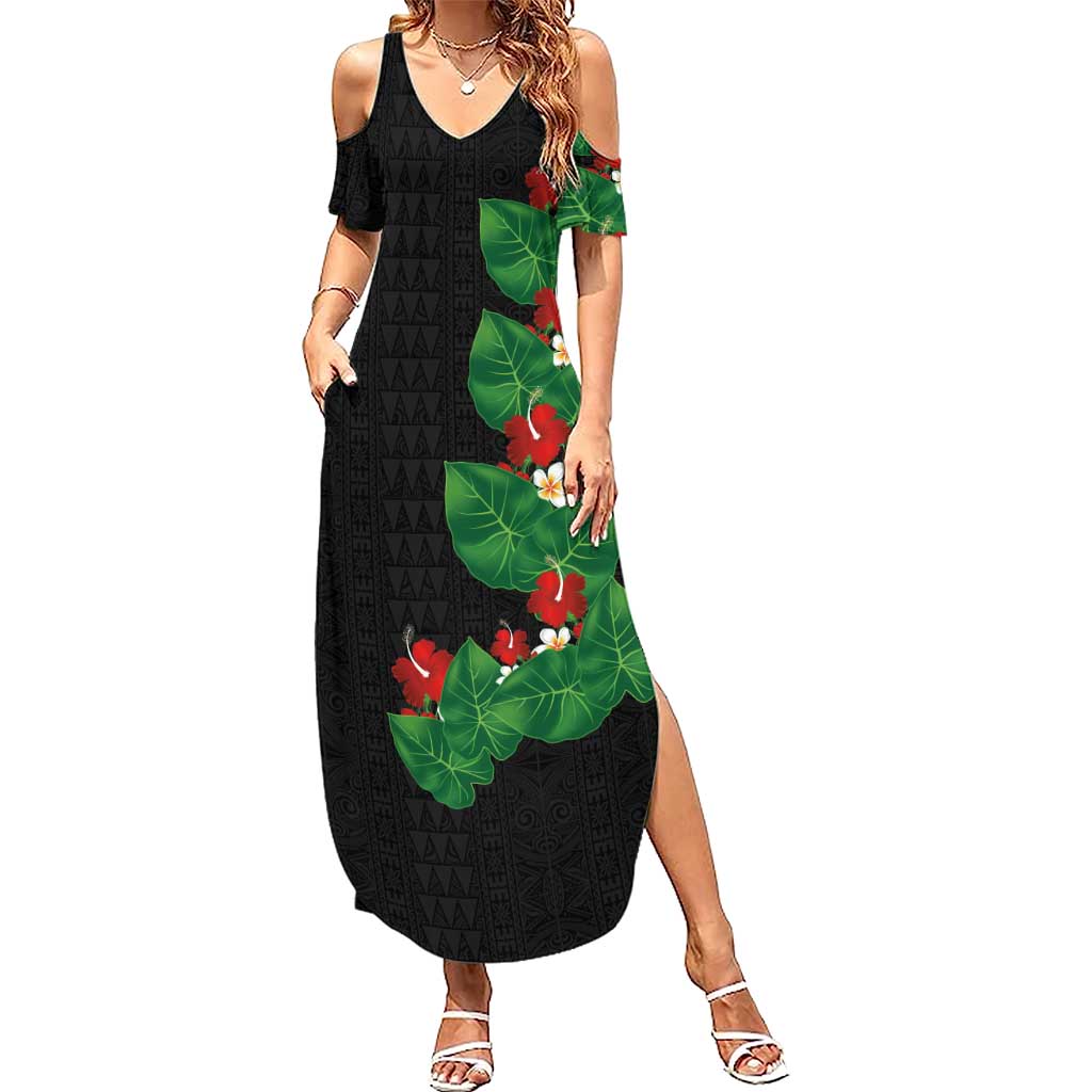 Hawaiian Taro Leaves-Hibiscus and Plumeria Family Matching Summer Maxi Dress and Hawaiian Shirt Polynesian Art-Kakau Tattoo Black LT03 Mom's Dress Black - Polynesian Pride