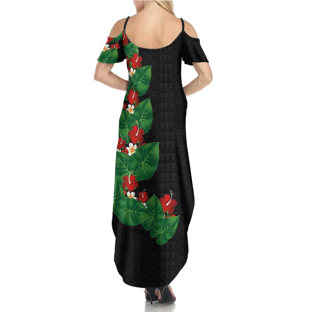Hawaiian Taro Leaves-Hibiscus and Plumeria Family Matching Summer Maxi Dress and Hawaiian Shirt Polynesian Art-Kakau Tattoo Black LT03 - Polynesian Pride