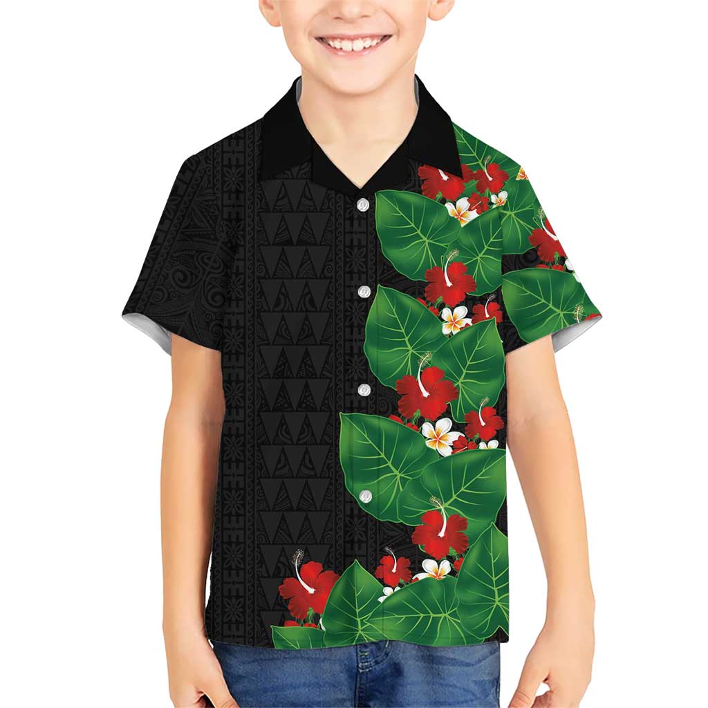 Hawaiian Taro Leaves-Hibiscus and Plumeria Family Matching Summer Maxi Dress and Hawaiian Shirt Polynesian Art-Kakau Tattoo Black LT03 Son's Shirt Black - Polynesian Pride