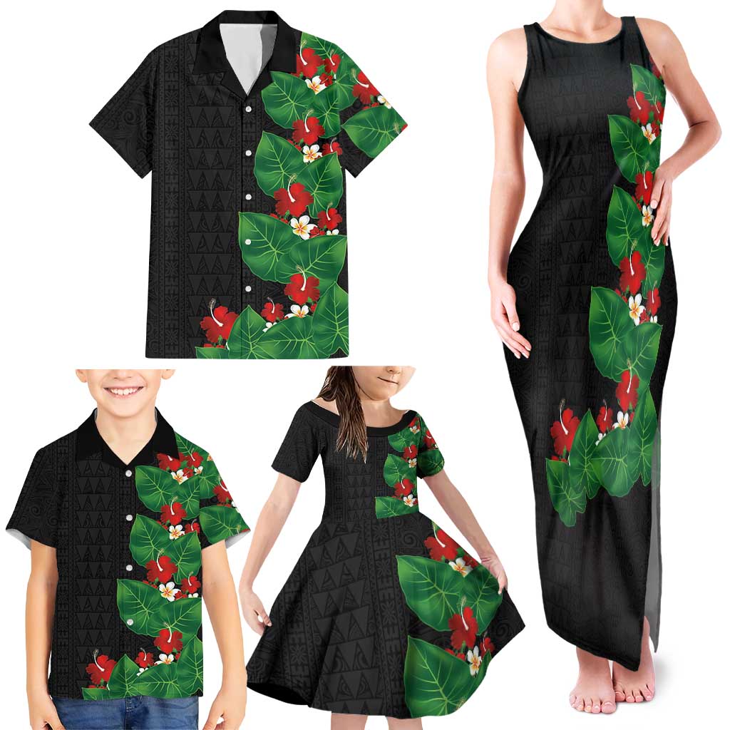 Hawaiian Taro Leaves-Hibiscus and Plumeria Family Matching Tank Maxi Dress and Hawaiian Shirt Polynesian Art-Kakau Tattoo Black