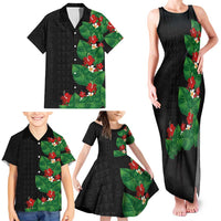 Hawaiian Taro Leaves-Hibiscus and Plumeria Family Matching Tank Maxi Dress and Hawaiian Shirt Polynesian Art-Kakau Tattoo Black