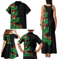 Hawaiian Taro Leaves-Hibiscus and Plumeria Family Matching Tank Maxi Dress and Hawaiian Shirt Polynesian Art-Kakau Tattoo Black