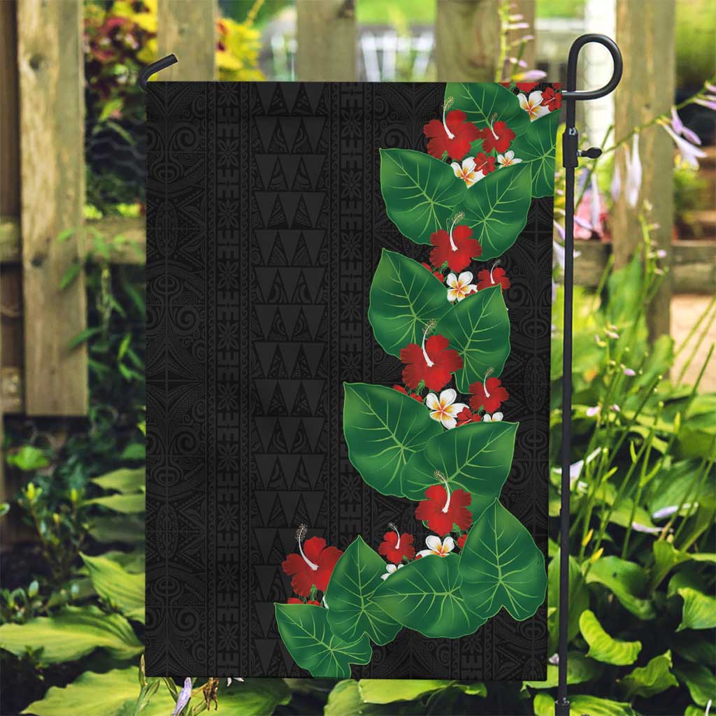 Hawaiian Taro Leaves-Hibiscus and Plumeria Garden Flag Polynesian Art-Kakau Tattoo Black
