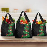 Hawaiian Taro Leaves-Hibiscus and Plumeria Grocery Bag Polynesian Art-Kakau Tattoo Black