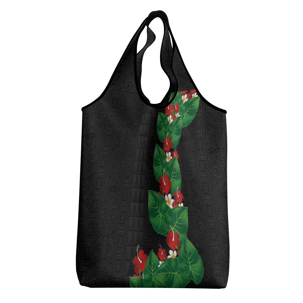 Hawaiian Taro Leaves-Hibiscus and Plumeria Grocery Bag Polynesian Art-Kakau Tattoo Black