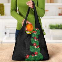 Hawaiian Taro Leaves-Hibiscus and Plumeria Grocery Bag Polynesian Art-Kakau Tattoo Black