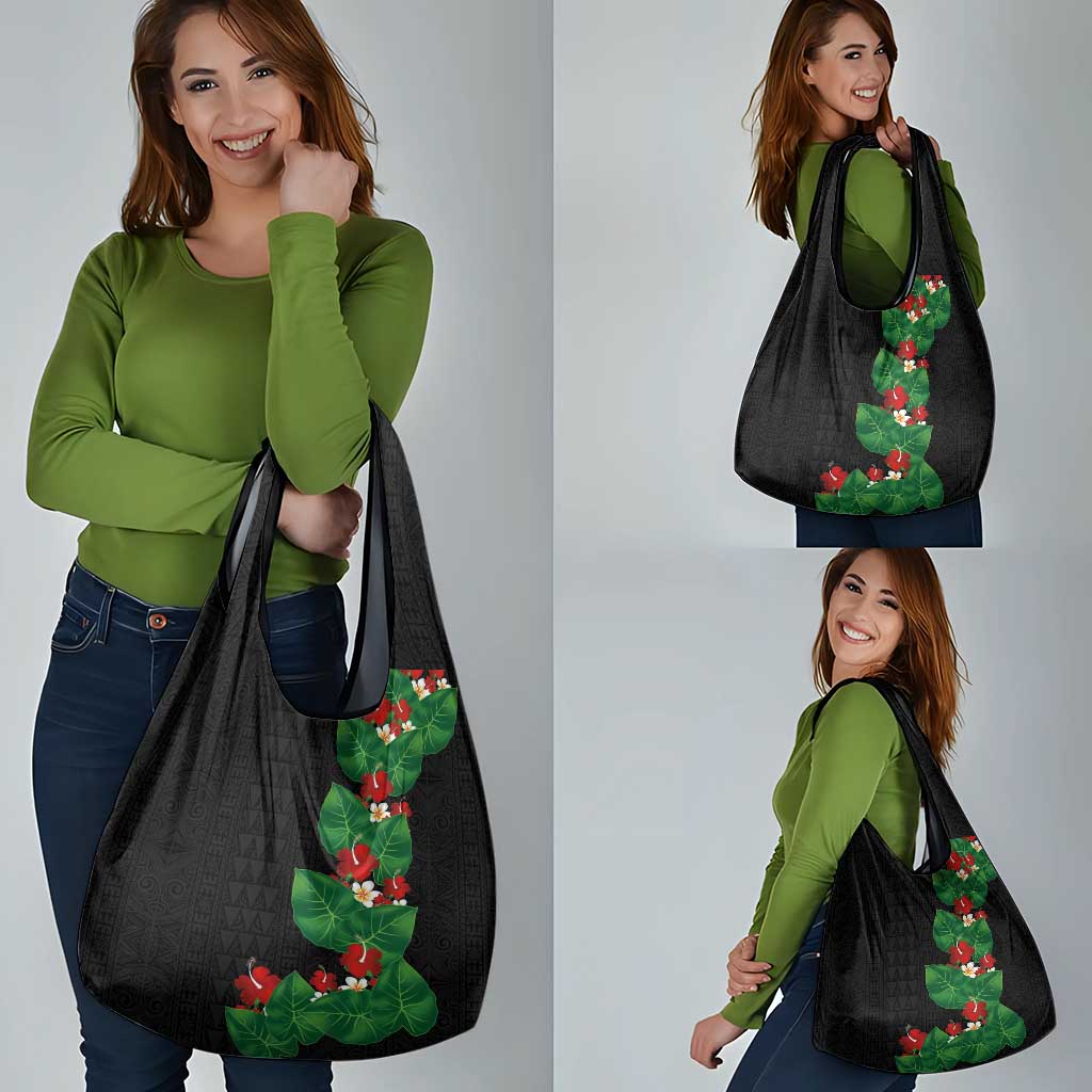 Hawaiian Taro Leaves-Hibiscus and Plumeria Grocery Bag Polynesian Art-Kakau Tattoo Black