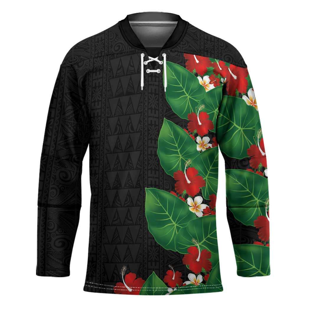 Hawaiian Taro Leaves-Hibiscus and Plumeria Hockey Jersey Polynesian Art-Kakau Tattoo Black
