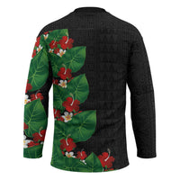 Hawaiian Taro Leaves-Hibiscus and Plumeria Hockey Jersey Polynesian Art-Kakau Tattoo Black