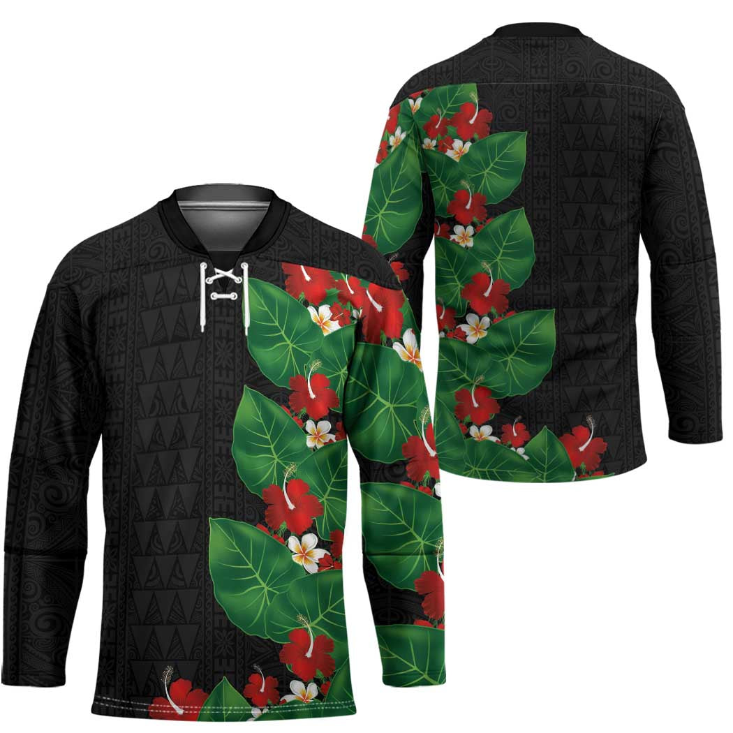 Hawaiian Taro Leaves-Hibiscus and Plumeria Hockey Jersey Polynesian Art-Kakau Tattoo Black