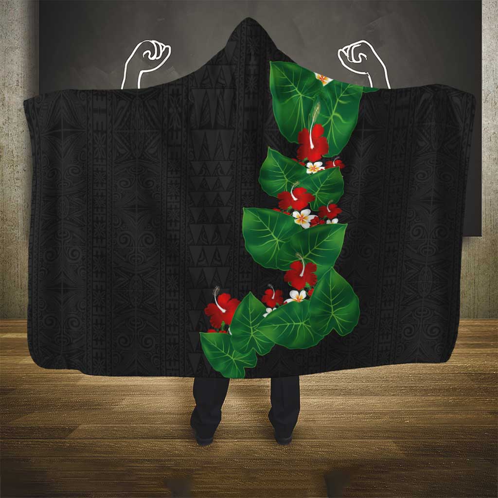 Hawaiian Taro Leaves-Hibiscus and Plumeria Hooded Blanket Polynesian Art-Kakau Tattoo Black