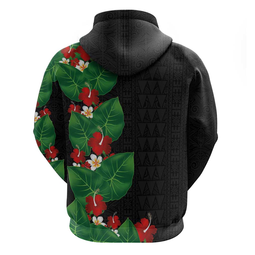Hawaiian Taro Leaves-Hibiscus and Plumeria Hoodie Polynesian Art-Kakau Tattoo Black