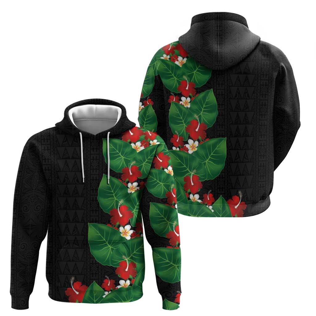 Hawaiian Taro Leaves-Hibiscus and Plumeria Hoodie Polynesian Art-Kakau Tattoo Black