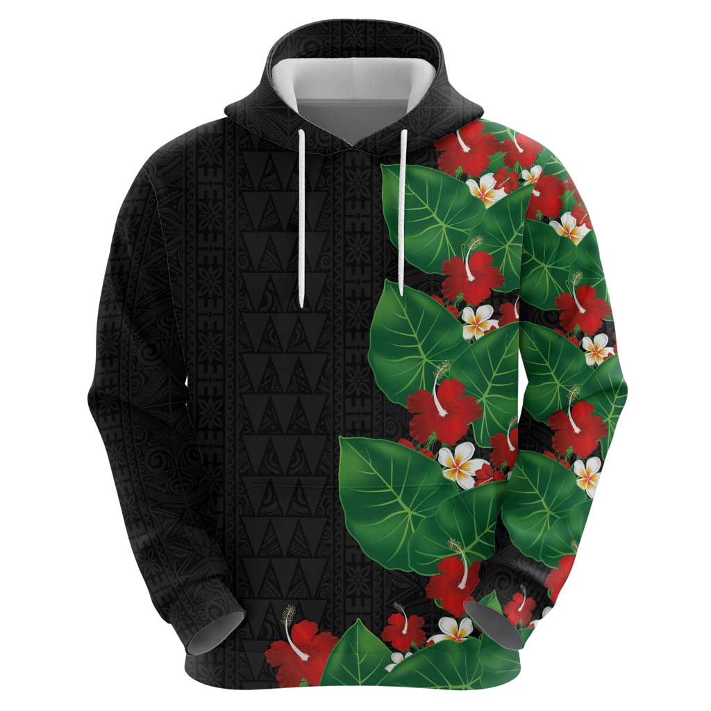 Hawaiian Taro Leaves-Hibiscus and Plumeria Hoodie Polynesian Art-Kakau Tattoo Black