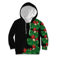 Hawaiian Taro Leaves-Hibiscus and Plumeria Kid Hoodie Polynesian Art-Kakau Tattoo Black