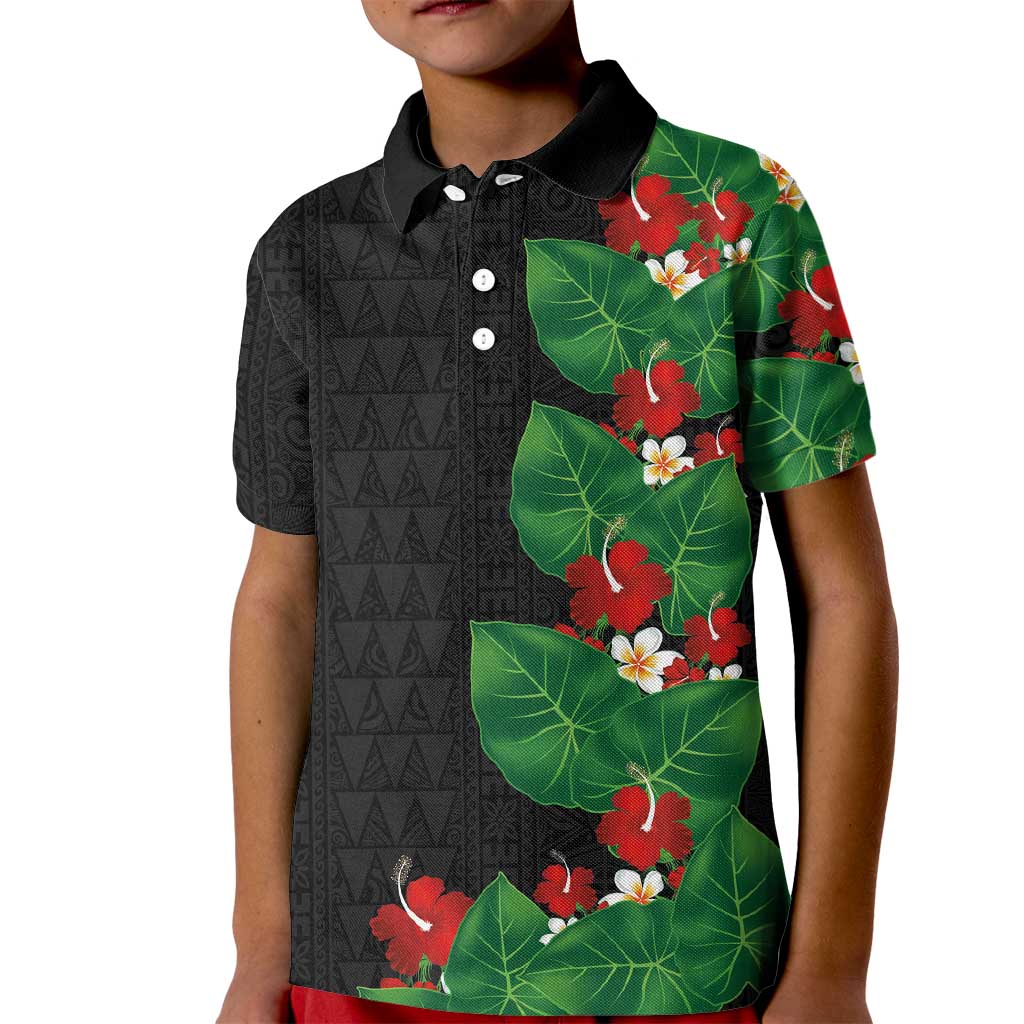 Hawaiian Taro Leaves-Hibiscus and Plumeria Kid Polo Shirt Polynesian Art-Kakau Tattoo Black