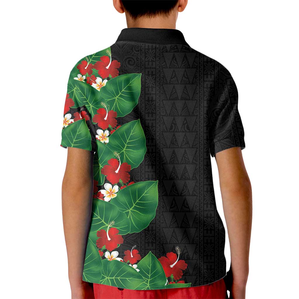 Hawaiian Taro Leaves-Hibiscus and Plumeria Kid Polo Shirt Polynesian Art-Kakau Tattoo Black