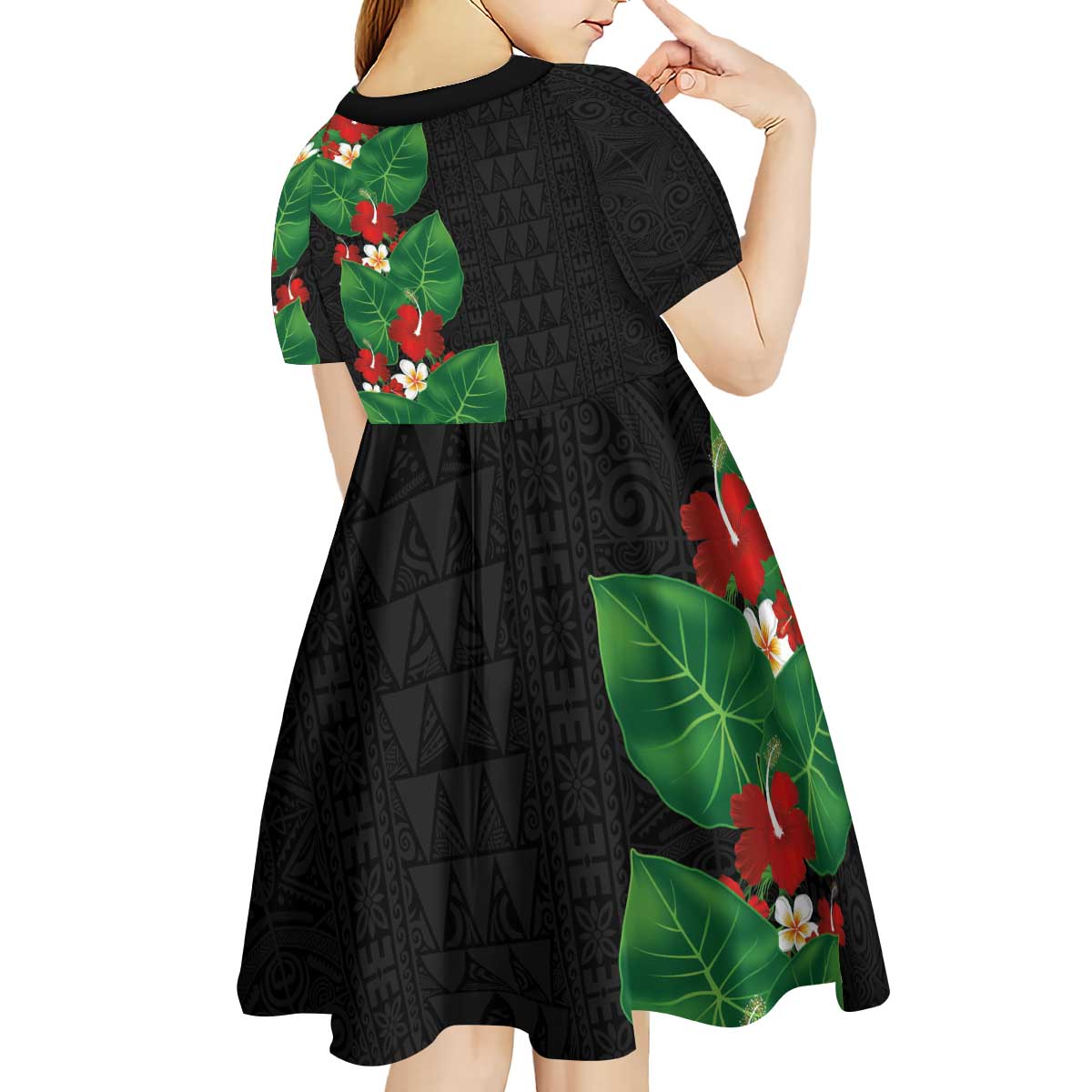 Hawaiian Taro Leaves-Hibiscus and Plumeria Kid Short Sleeve Dress Polynesian Art-Kakau Tattoo Black