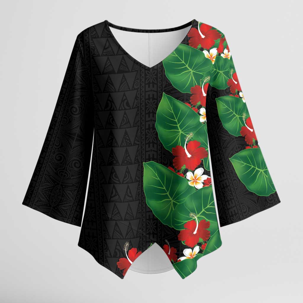 Hawaiian Taro Leaves-Hibiscus and Plumeria Kimono Sleeve Blouse Polynesian Art-Kakau Tattoo Black