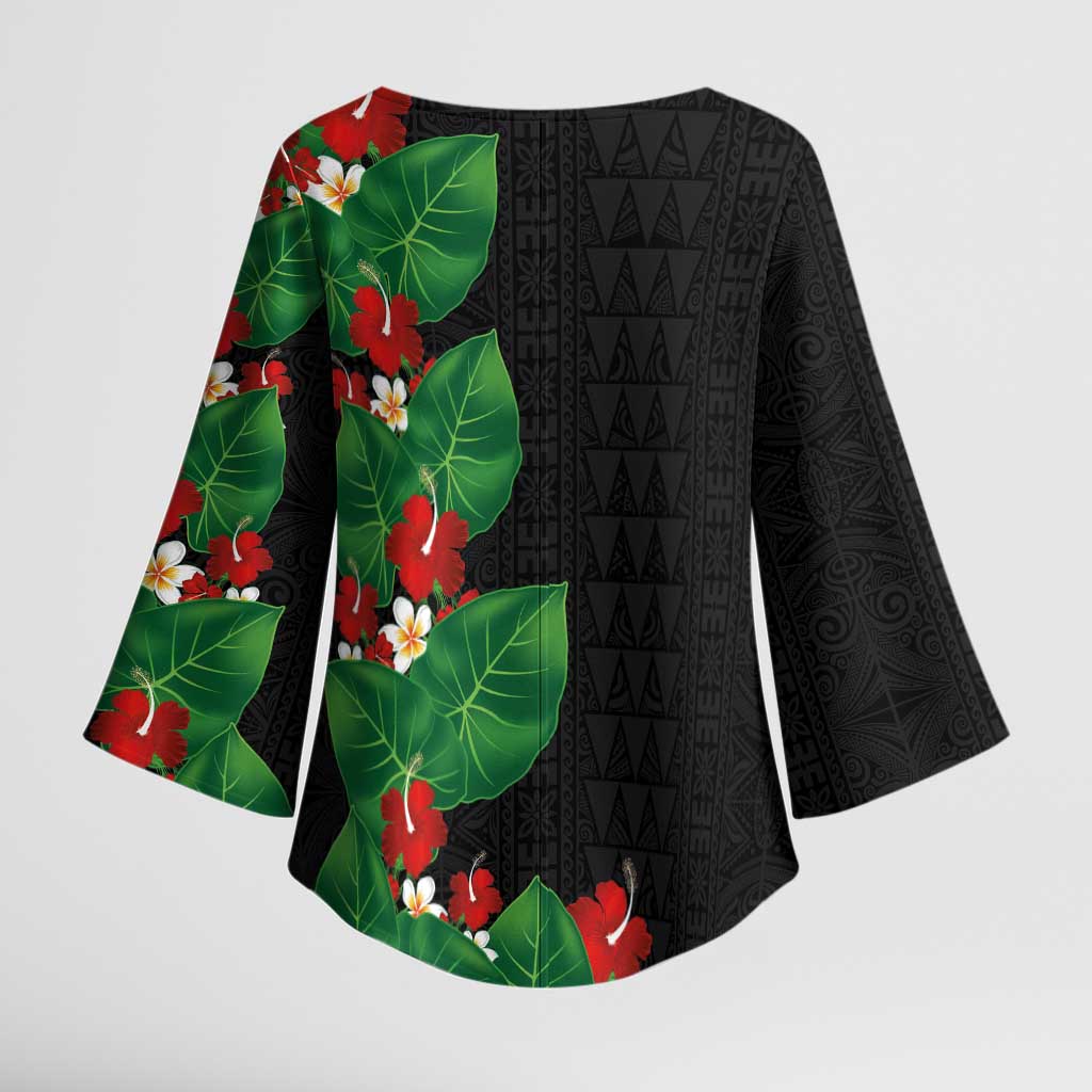 Hawaiian Taro Leaves-Hibiscus and Plumeria Kimono Sleeve Blouse Polynesian Art-Kakau Tattoo Black