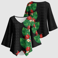 Hawaiian Taro Leaves-Hibiscus and Plumeria Kimono Sleeve Blouse Polynesian Art-Kakau Tattoo Black