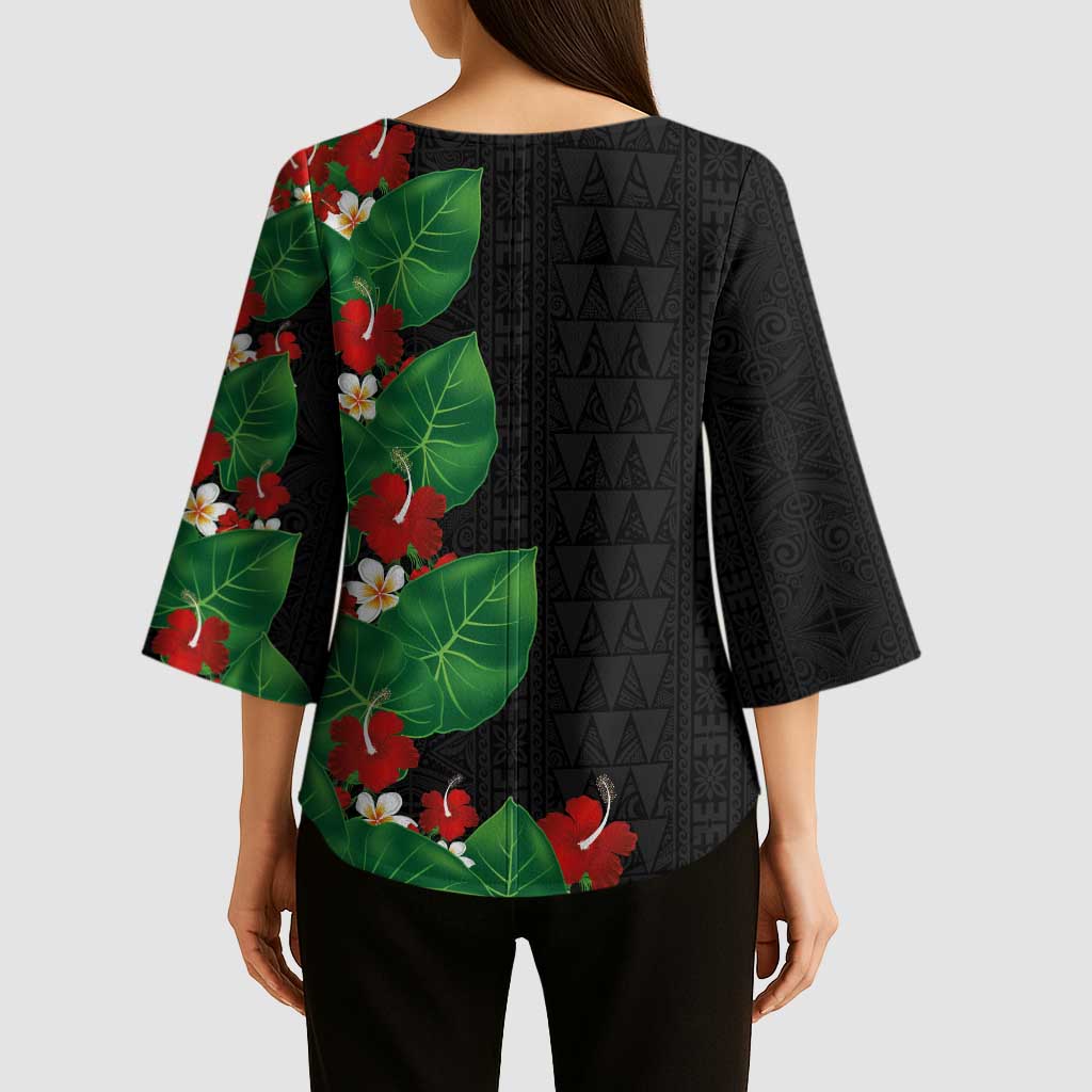 Hawaiian Taro Leaves-Hibiscus and Plumeria Kimono Sleeve Blouse Polynesian Art-Kakau Tattoo Black