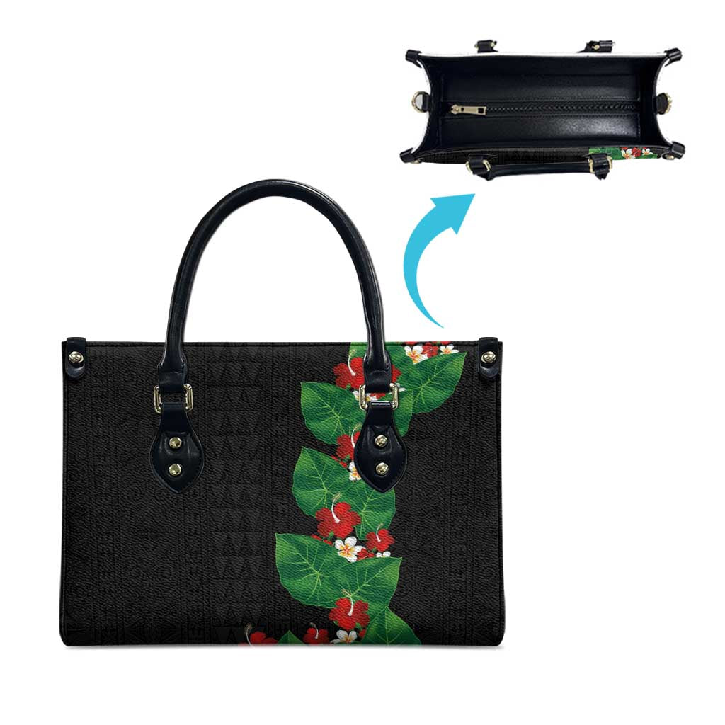 Hawaiian Taro Leaves-Hibiscus and Plumeria Leather Bag Polynesian Art-Kakau Tattoo Black