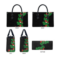 Hawaiian Taro Leaves-Hibiscus and Plumeria Leather Bag Polynesian Art-Kakau Tattoo Black