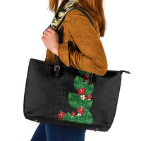Hawaiian Taro Leaves-Hibiscus and Plumeria Leather Tote Bag Polynesian Art-Kakau Tattoo Black