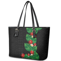 Hawaiian Taro Leaves-Hibiscus and Plumeria Leather Tote Bag Polynesian Art-Kakau Tattoo Black