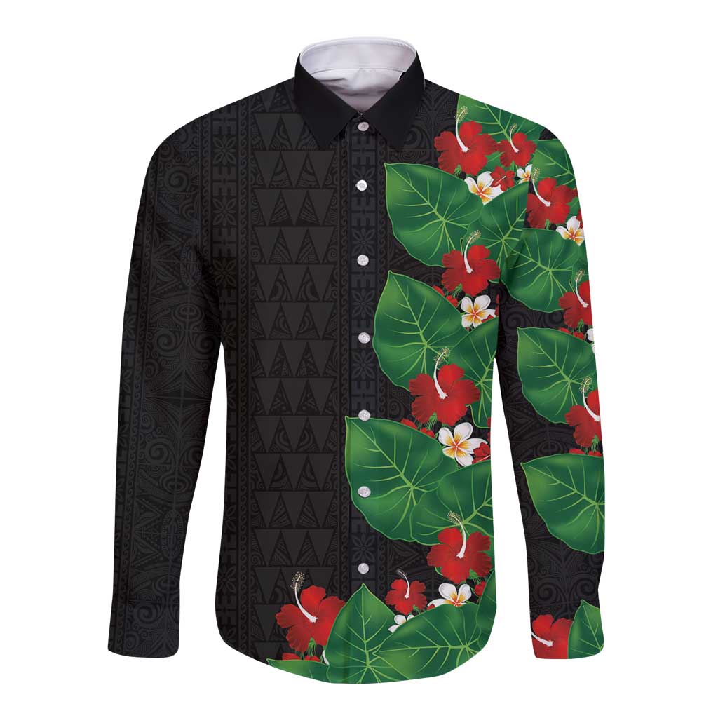 Hawaiian Taro Leaves-Hibiscus and Plumeria Long Sleeve Button Shirt Polynesian Art-Kakau Tattoo Black